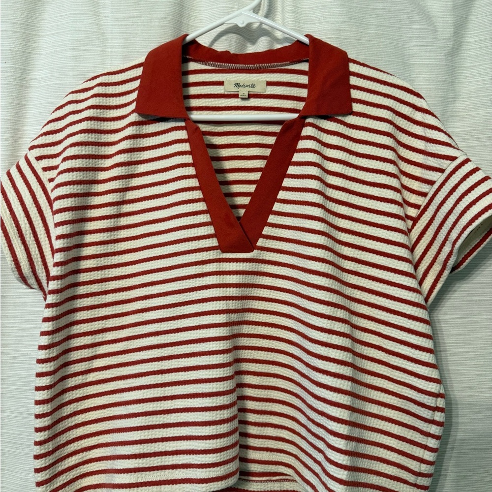 Madewell Red and White Striped V-Neck Top